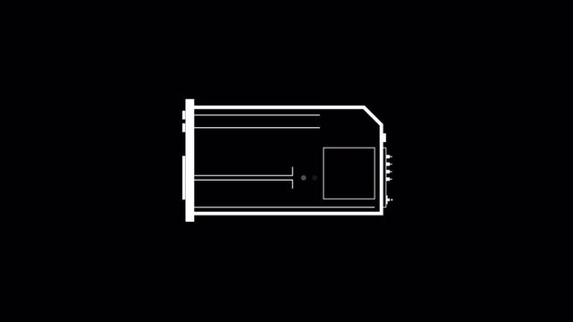 Minimalist outline icon of a sim card chip isolated on black background.