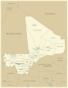 Mali - detailed map with administrative divisions and capitals of countries. Vector illustration