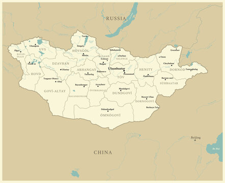Mongolia - detailed map with administrative divisions and capitals of countries. Vector illustration