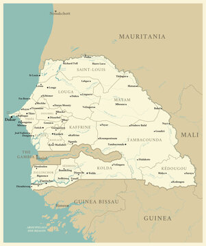 Senegal - detailed map with administrative divisions and capitals of countries. Vector illustration