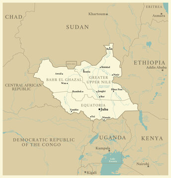 South Sudan - detailed map with administrative divisions and capitals of countries. Vector illustration
