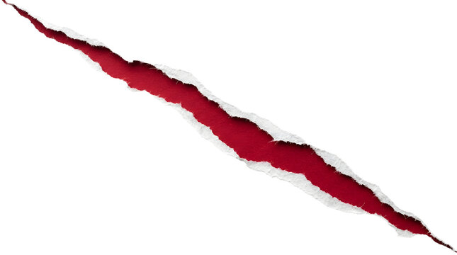 Torn paper reveals a deep red layer through a sharp diagonal rip across the surface.
