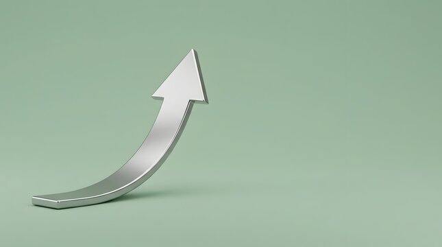 Silver 3D arrow curving upwards on green background representing financial growth, business success, and rising market trends.