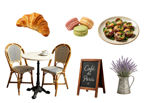 French Caf&eacute; & Food PNG Bundle | Croissant, Macarons, Escargot, Paris Caf&eacute; & Lavender