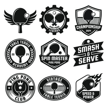 This image showcases a variety of table tennis logos and badges featuring ping pong elements and various artistic styles, perfect for sports enthusiasts and tournament branding.