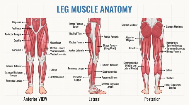 Human Leg Muscle Anatomy Diagram Showing Anterior Lateral And Posterior View With Muscle Labels