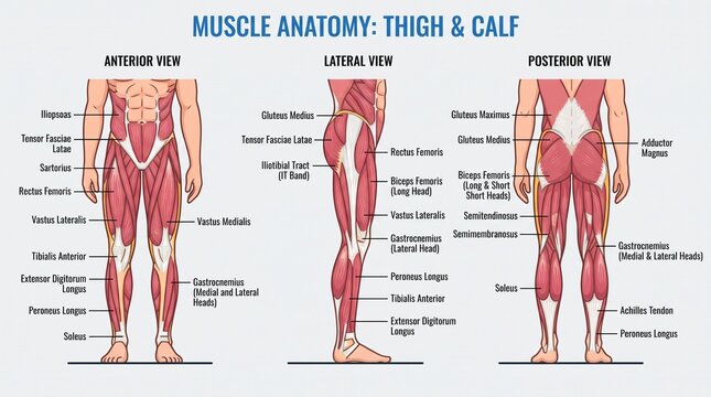 Human Muscle Anatomy Chart Featuring Anterior Lateral and Posterior Views of Thigh and Calf Muscles
