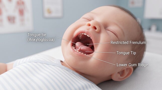 Infant With Ankyloglossia Tongue Tie Medical Diagram Showing Restricted Frenulum And Laser Surgery