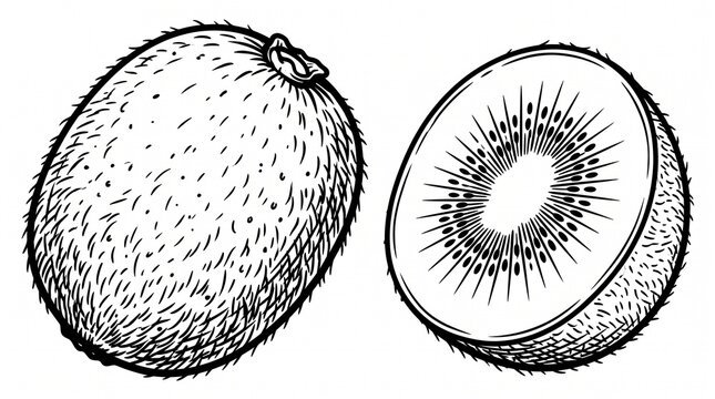 Whole and sliced kiwi fruit vector illustration with detailed texture and seeds