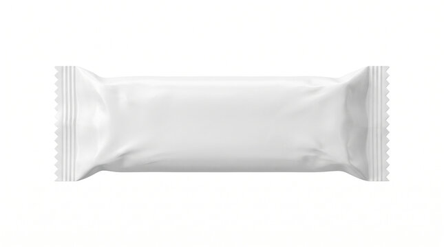Blank white snack bar packaging mockup, realistic flow wrap pouch for chocolate or protein bar isolated on white background
