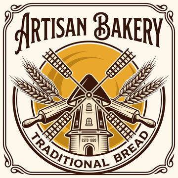A classic logo design showcasing a vintage bakery theme, featuring a windmill and rolling pins, highlighting traditional baking and artisanal craftsmanship.