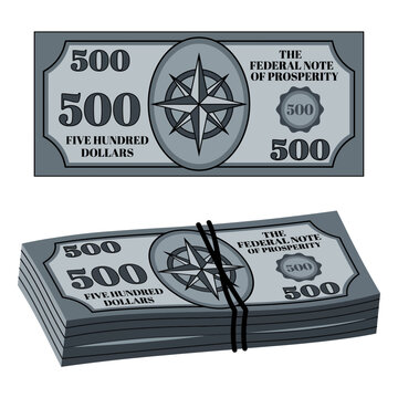 This image showcases a creative representation of a 500 dollar bill titled 'The Federal Note of Prosperity,' featuring a compass design and textual elements.