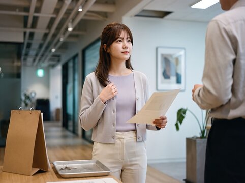 Generative AI, Young Asian office worker communicating with a colleague in a modern office corridor