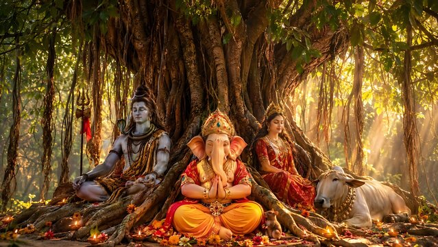 Lord Ganesha Ganpati Bappa with Shiv Parvati Celebrating Ganesh Chaturthi, Maha Shivratri and Hindu Festival of Divine Blessings