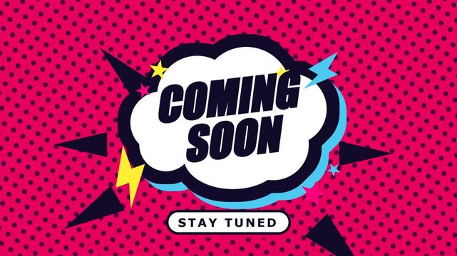 A vibrant graphic display features a comic book style text bubble announcing an upcoming release with bright pink polka dots and dynamic lightning bolts to build excitement for a product launch