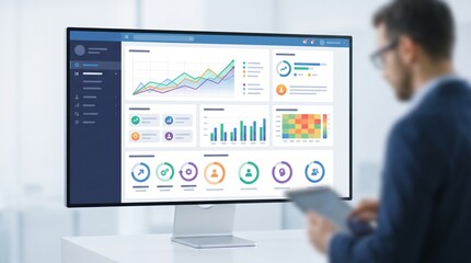 Obraz premium Business analytics dashboard on computer screen with man holding tablet.