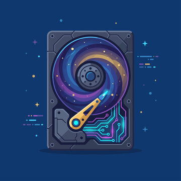 A digital representation of a hard disk drive with a cosmic swirl design, blending technology and creativity for a compelling futuristic visual appeal.