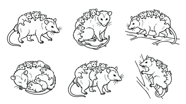 Set of opossum mother with babies line art illustrations 