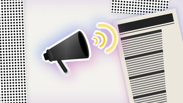 A black megaphone amplifies a promotional message as a printed sheet showcases barcode data symbols that represent rapid commercial growth and effective marketing communication strategies