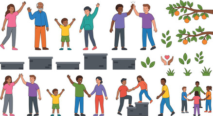 Fototapeta premium Diverse community people character constructor set with flat family couples kids and social equality elements