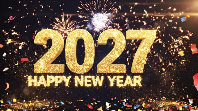 2027 HAPPY NEW YEAR golden glitter text surrounded by colorful bursting fireworks and dense falling party confetti, for nightclub or party countdown screens