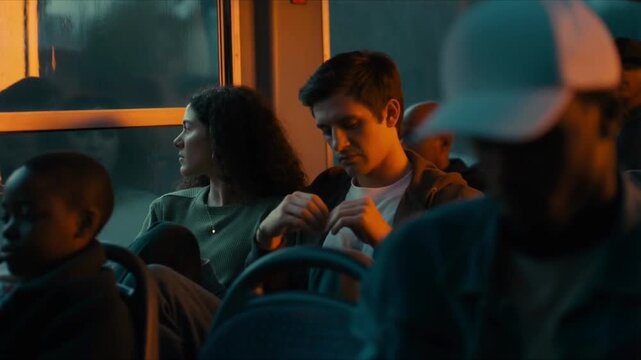 Pareja joven en silencio mientras est&aacute; sentada en un autob&uacute;s durante un d&iacute;a lluvioso, evitando el contacto visual en un ambiente de tensi&oacute;n y conflicto emocional