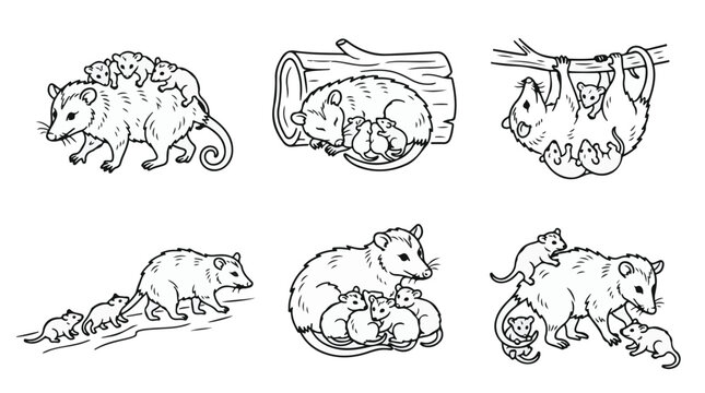Set of opossum mother with babies line art illustrations 