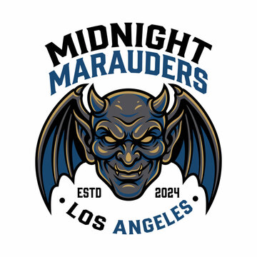 Featuring a fierce devilish face and bat-like wings, this logo encapsulates mystery and strength, ideal for a sports or gaming team based in Los Angeles.