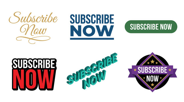 A vibrant set of 'Subscribe Now' typography designs featuring various styles to enhance online engagement and invite viewers to subscribe in a visually captivating way.