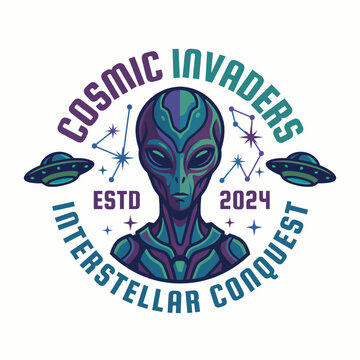 A striking logo illustrating Cosmic Invaders, featuring an alien figure and spaceships, representing the theme of interstellar conquest in a vibrant artistic style.