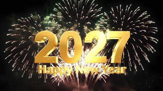 2027 Happy New Year golden numbers displayed in front of colorful fireworks exploding in the dark night sky, for holiday broadcast openers