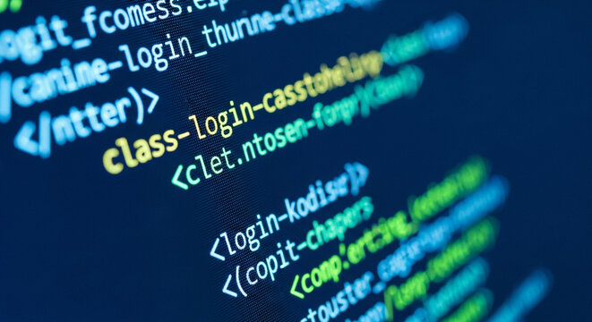 Colorful computer code on dark background closeup