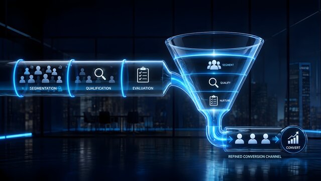 Transparent glass marketing pipeline and sales funnel representing customer segmentation and conversion process