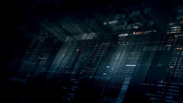 Futuristic data network visualization with glowing digital streams, big data analytics interface, cyber technology background and communication system in curved virtual display