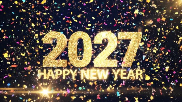 2027 HAPPY NEW YEAR sparkling gold title surrounded by colorful falling paper confetti and light streaks, for nightclub midnight countdown screens
