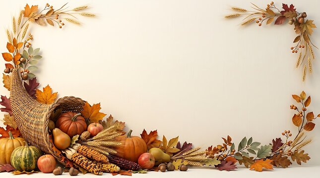 Beautiful autumn harvest border with pumpkins and seasonal vegetables for traditional thanksgivings holiday background design