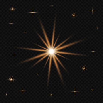 Gold Sparkle And Shining Star Light Effects Isolated On Black Background, Vector Realistic Yellow Glowing Lens Flare And Glittering Twinkle For Christmas, New Year, Magic Festive Design Elements