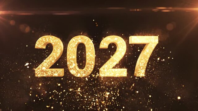 2027 animated text appearing from a bright gold firework burst with glowing sparks and vibrant festive lighting