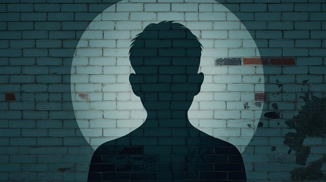 Silhouette of a male profile illuminated by a circular spotlight on a teal brick wall