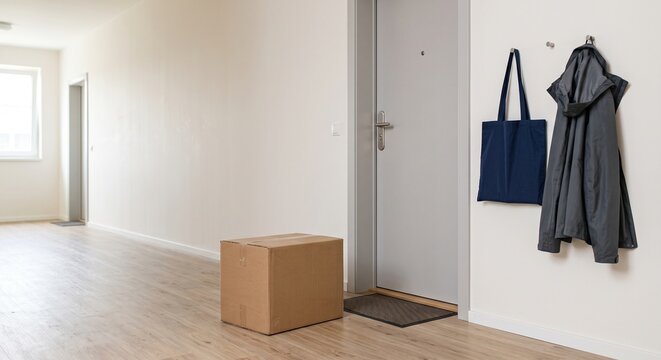 Unbranded delivery package at apartment entrance