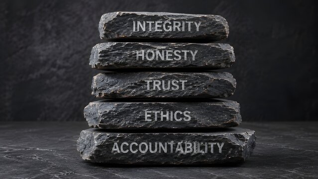 Stack of dark stones with engraved business ethics core values integrity honesty trust accountability