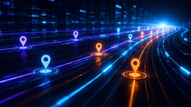 Glowing digital data streams with location pins on dark background futuristic navigation and network concept