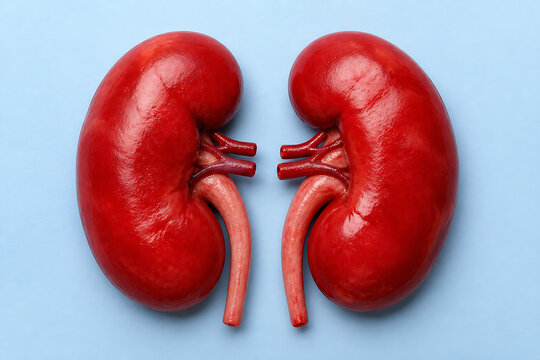 A pair of human kidneys are displayed against a light blue background.