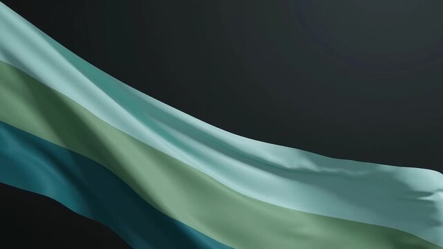 Waving flag with three horizontal stripes in pastel green blue colors against dark background soft focus gentle motion.
