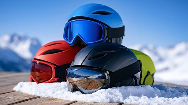 Colorful ski helmets and goggles arranged on a wooden table with fresh snow, showcasing essential winter sports equipment against a backdrop of snowy mountains and a clear blue sky