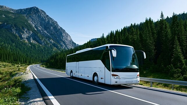 White modern tourist bus traveling on a winding asphalt highway through a green pine forest and majestic mountains under a clear blue sky, representing travel and transportation