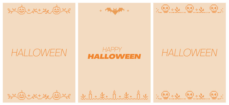 Cross stitch Halloween greeting card template set. Spooky embroidery folk art backgrounds. Digital invitation layouts with pumpkin, bat, skull borders on autumn colored backdrop.