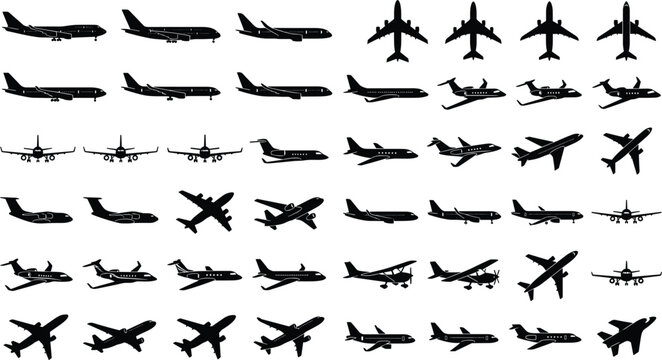 Airplane and commercial jet aircraft silhouette collection set featuring side view, top view, and front view aviation vector shapes.