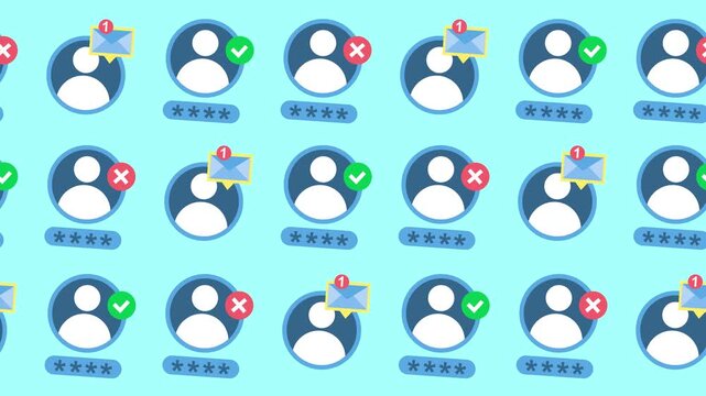 Seamless pattern of user profile account avatars with password security, access approval, error, and message notification icons in a background animation for cybersecurity access control wallpaper.