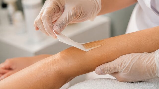 Beautician applies wax strip to leg for hair removal in a salon.